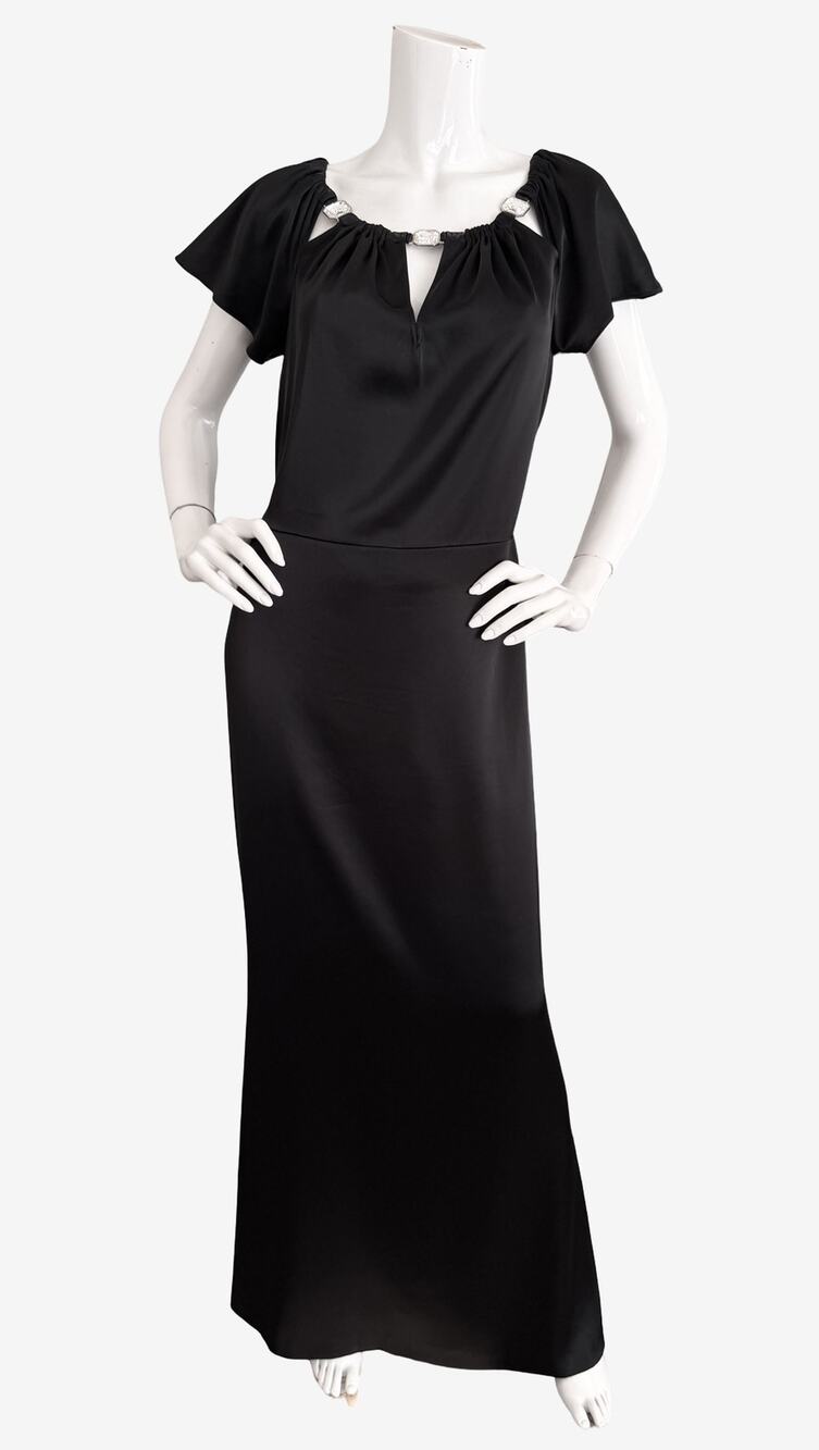 St. John Couture Dress 6 Black Satin Crystal Keyhole Flutter Sleeve Maxi Gown